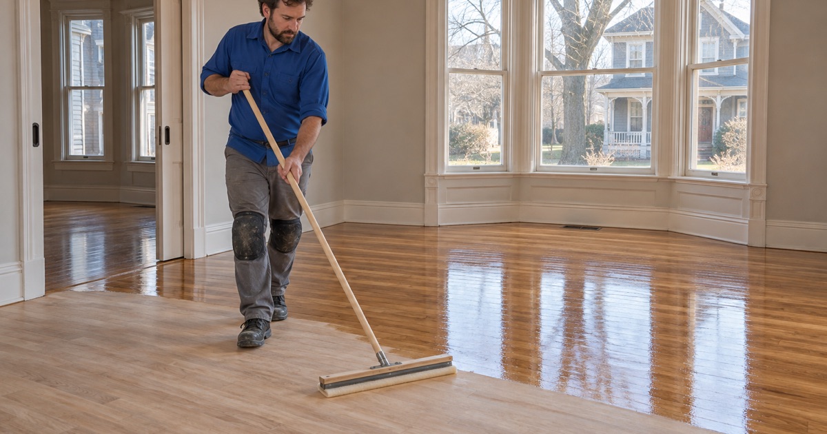Worker walking backwards while spreading clear finish over freshly sanded original oak floors in the parlor of a Victorian house in Malden.