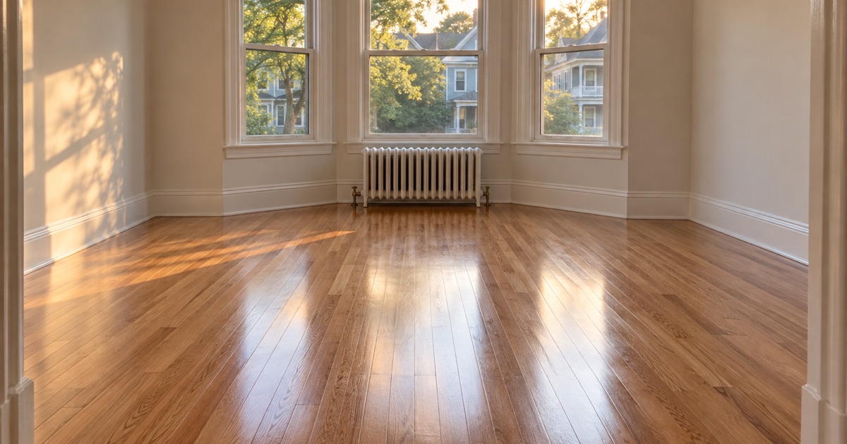 Refinished red oak floor in the front room of a Victorian house in Malden at summer dusk, a radiator under the bay window.
