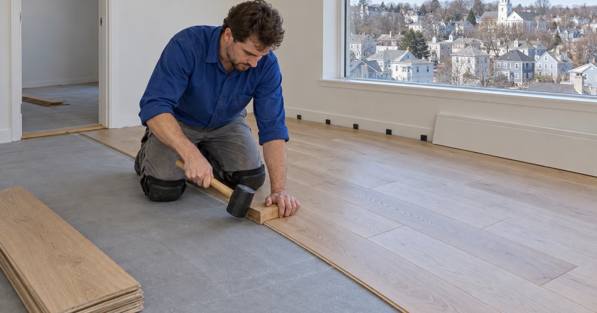 Worker seating a wide engineered white oak plank with a tapping block in a condominium in a newer apartment building in Malden.
