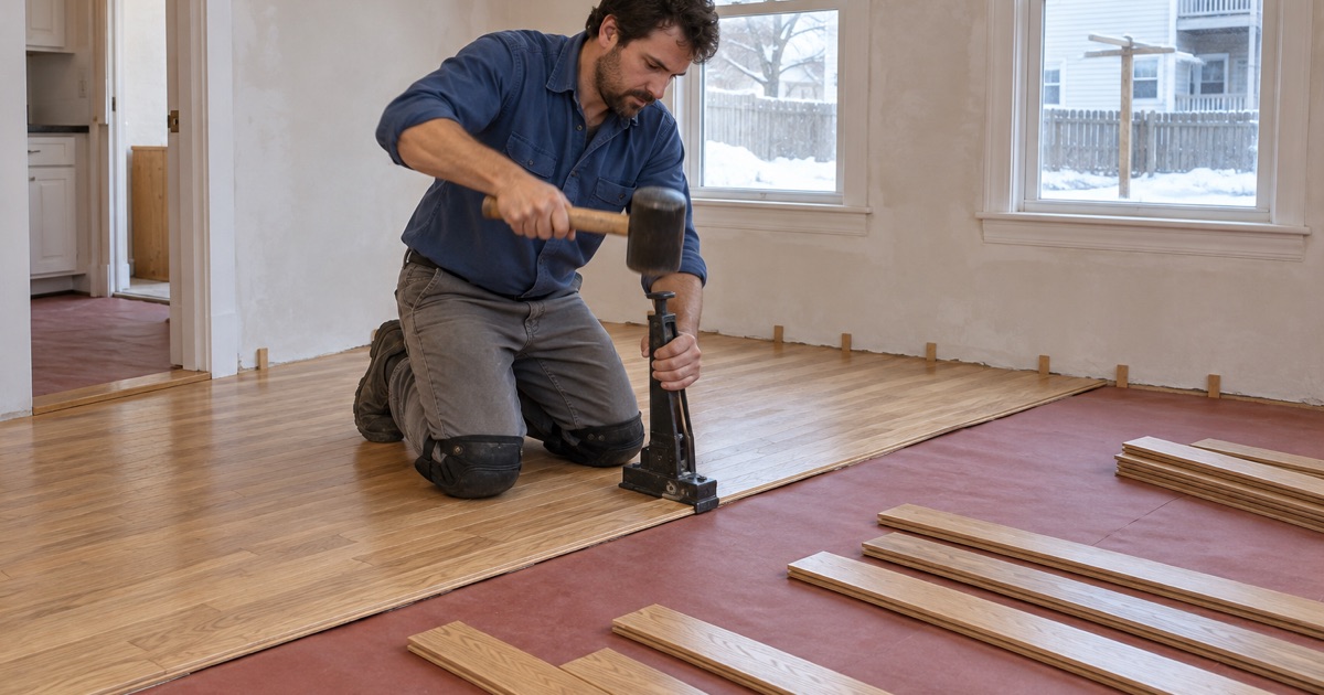 Worker driving a manual flooring nailer against the tongue of a new red oak board in the back room of a Malden two-family.
