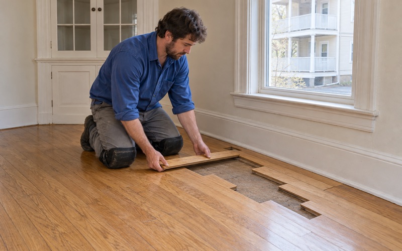 Worker lacing new oak strips into a Malden dining room floor where a removed radiator's pipe holes were, the joints staggered.