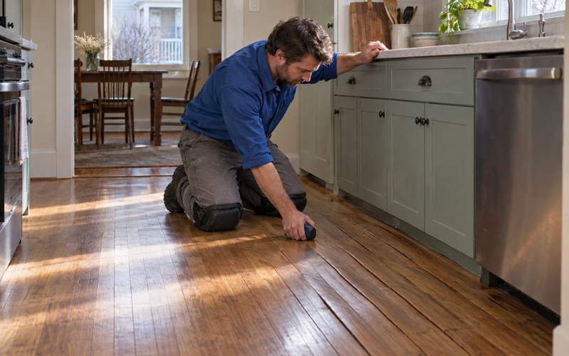 Worker checking cupped red oak boards with a moisture meter in the kitchen of a Malden two-family after a leak from the unit upstairs.