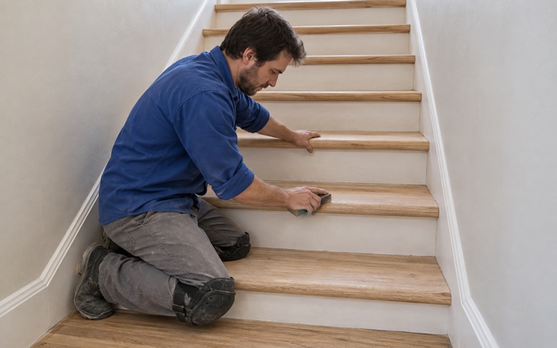Worker hand-sanding the rounded nosing of a bare red oak stair tread in the front stair hall of a Malden two-family.