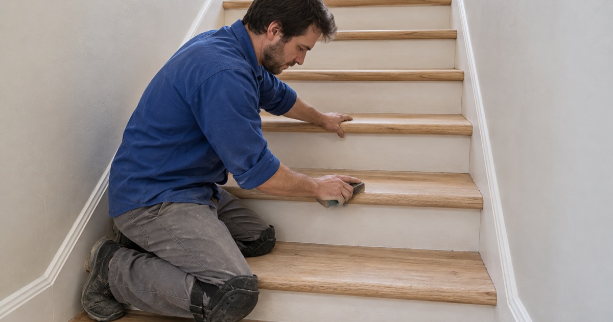 Worker hand-sanding the rounded nosing of a bare red oak stair tread in the front stair hall of a Malden two-family.