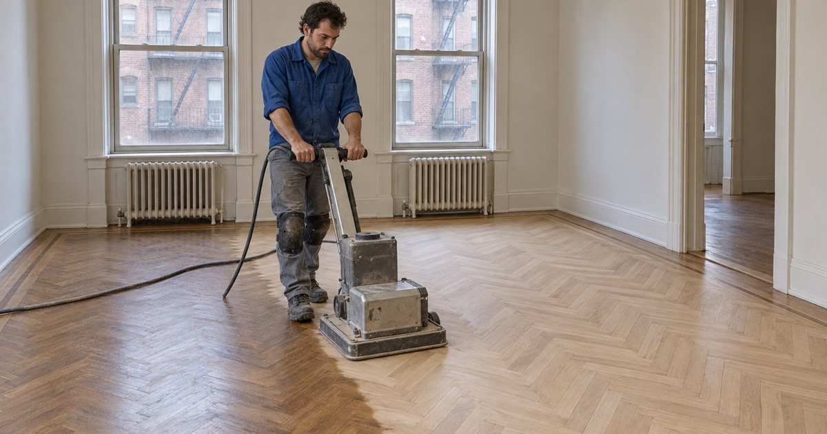 Worker sanding an old oak herringbone parquet floor with a square-pad floor sander in a prewar apartment in Malden.