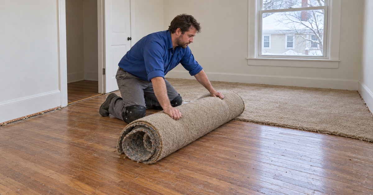 Worker rolling up old wall-to-wall carpet to uncover original oak floors in a bedroom of a Malden two-family.