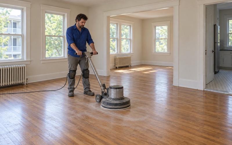 Worker screening a sound red oak floor with a floor buffer before a fresh recoat in a Malden two-family flat.
