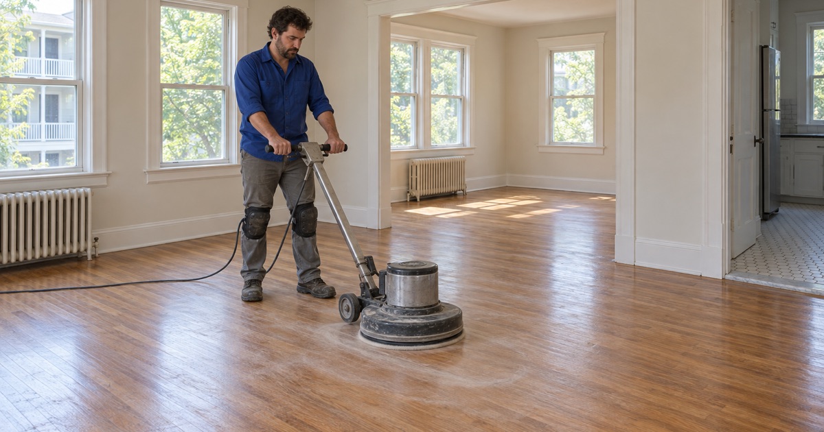 Worker screening a sound red oak floor with a floor buffer before a fresh recoat in a Malden two-family flat.