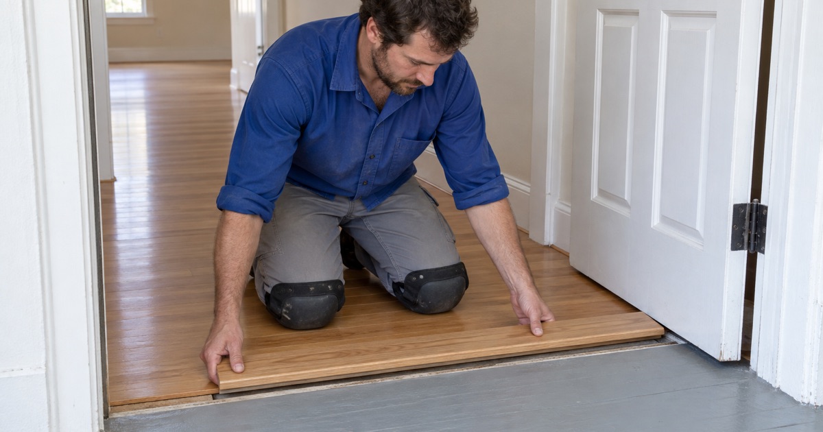 Worker fitting a new oak threshold at the entry door of an empty rental flat in a Malden two-family between tenants.