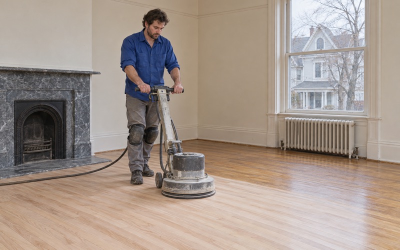 Worker sanding a red oak floor with a planetary floor sander in the parlor of a Victorian house in Malden.