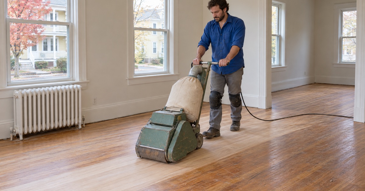 Worker walking a drum sander across red oak strip flooring in the upper flat of a two-family house in Malden, a radiator under the front window.